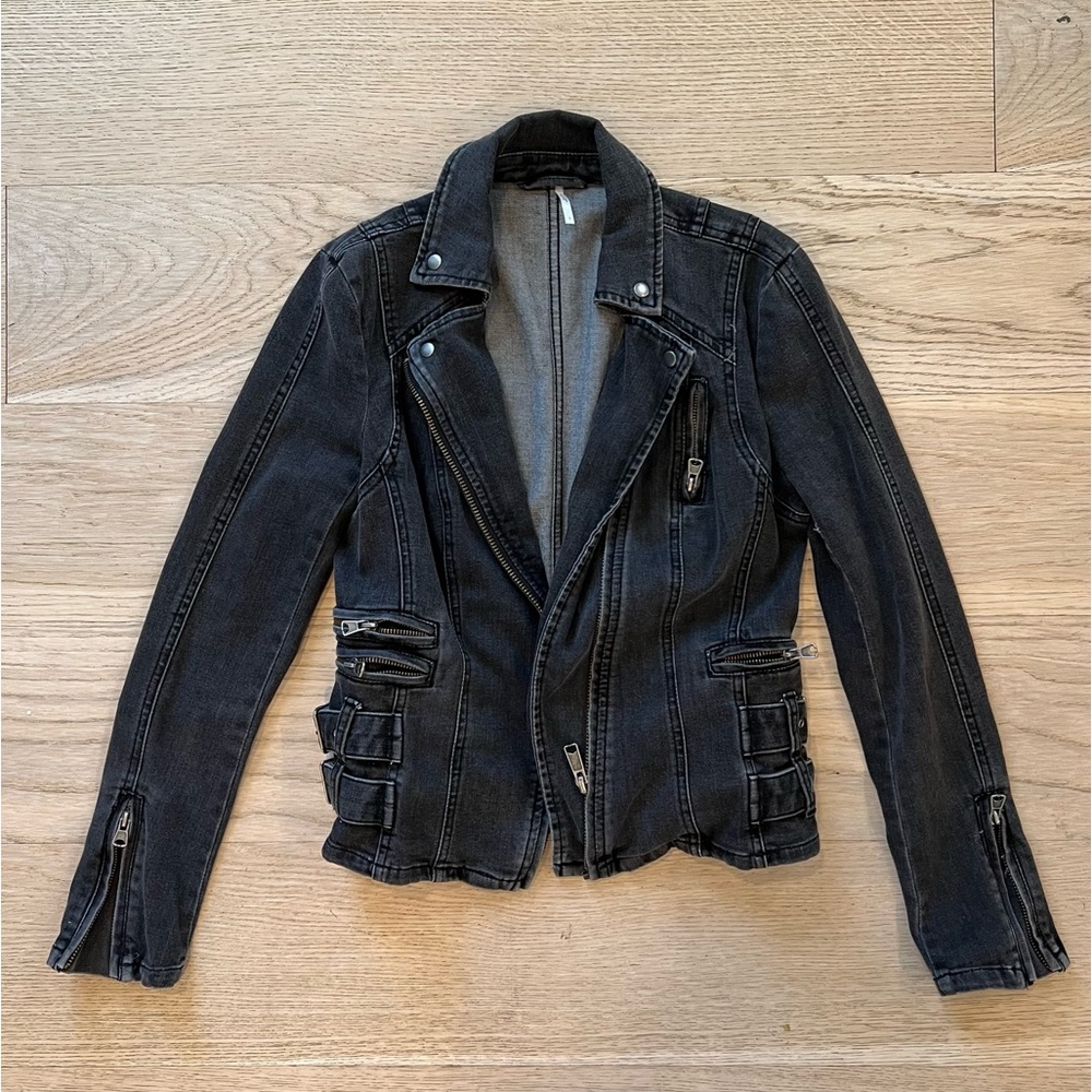 Free People Black Denim Biker Jacket